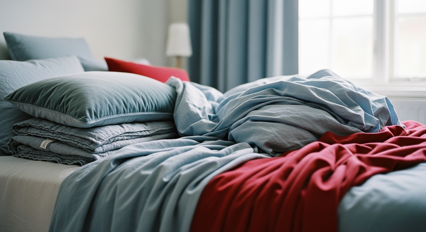 Close-up of velvet, linen, and wool fabrics layered on a bed, adding warmth and texture to a cozy bedroom.