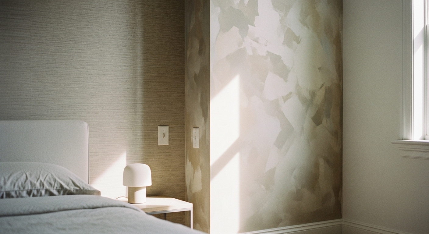 Neutral bedroom walls with sponge-painted textures and elegant wallpaper adding subtle depth and dimension.