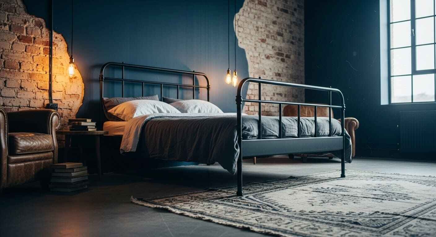 Industrial bedroom with navy blue walls, weathered brick, and metal accents for a modern urban feel.