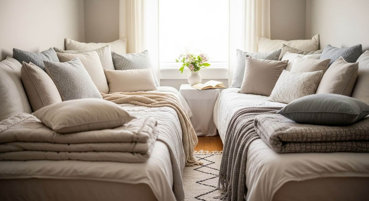 Twin beds styled as daybeds with pillows for a relaxing atmosphere