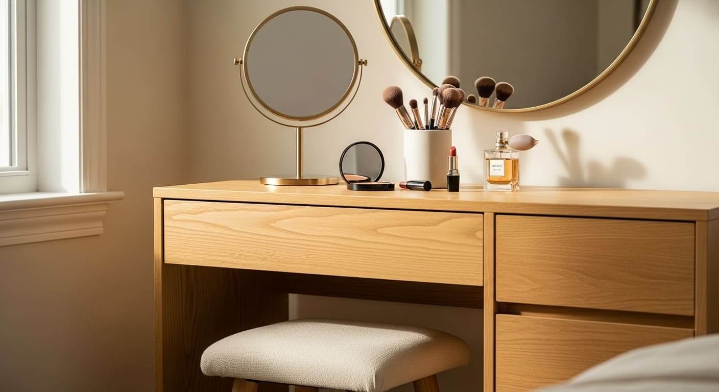 A dresser transformed into a vanity with mirror, chair, and beauty accessories.