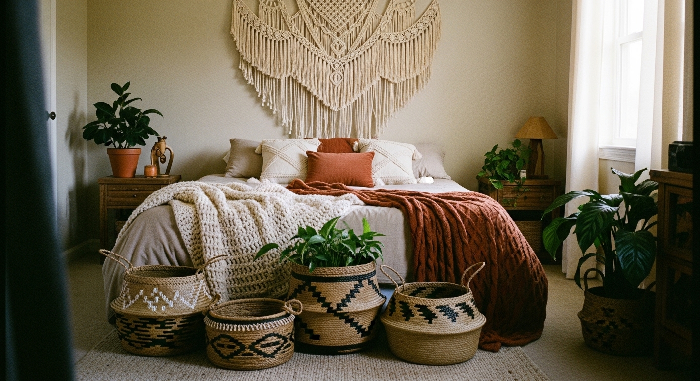Knitted throws, woven baskets, and macramé wall hangings styled in a cozy boho-inspired bedroom.