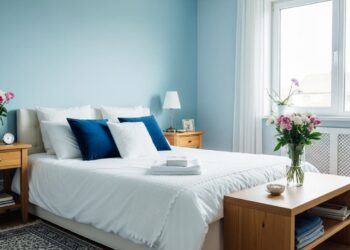 Serene blue bedroom with cozy bedding, stylish furniture, and soft natural lighting, perfect for creating a peaceful and inviting space.