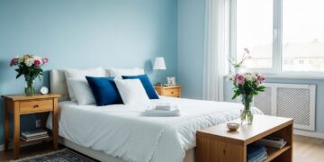 Serene blue bedroom with cozy bedding, stylish furniture, and soft natural lighting, perfect for creating a peaceful and inviting space.