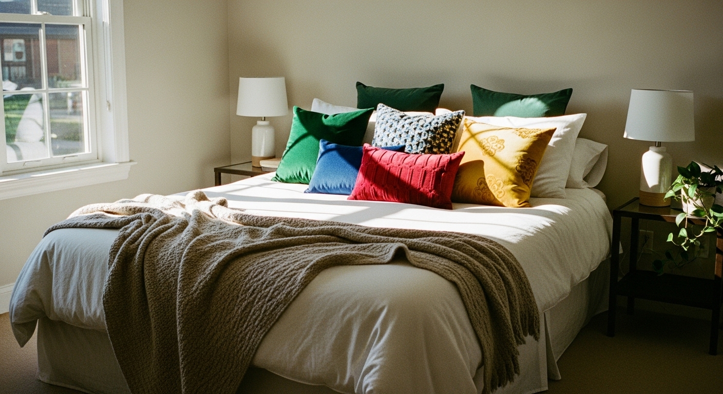 Bright and colorful throw pillows adding contrast and color to a calm neutral bedroom palette.