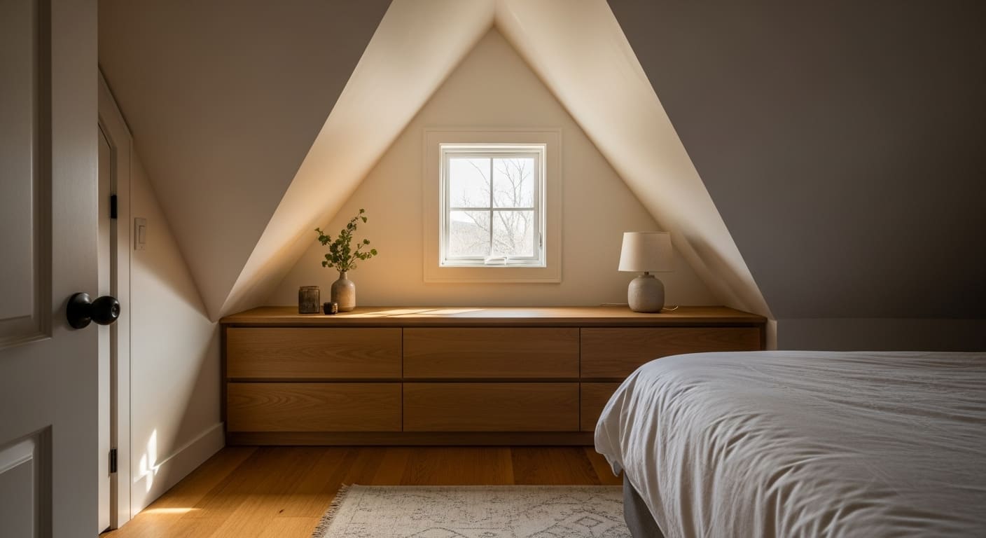 A wide low dresser placed under a sloped ceiling in an attic bedroom.