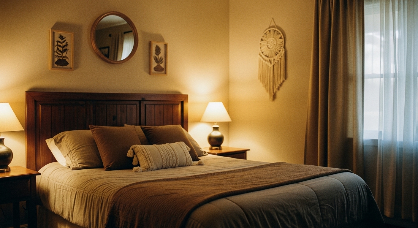 Elegant bedroom in warm beige tones with cozy lighting and timeless furniture design.
