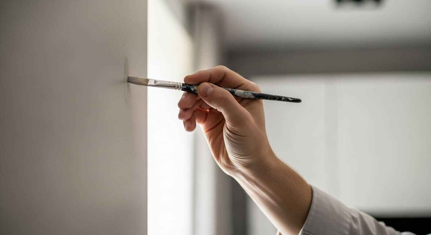 A person applying touch-up paint to a white wall in a bright, neutral-toned room
