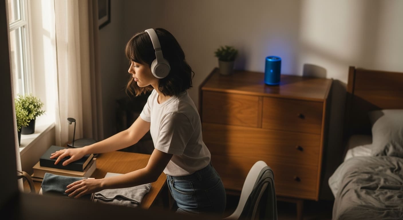 Person tidying a bedroom while listening to music on headphones with a small speaker on the table.