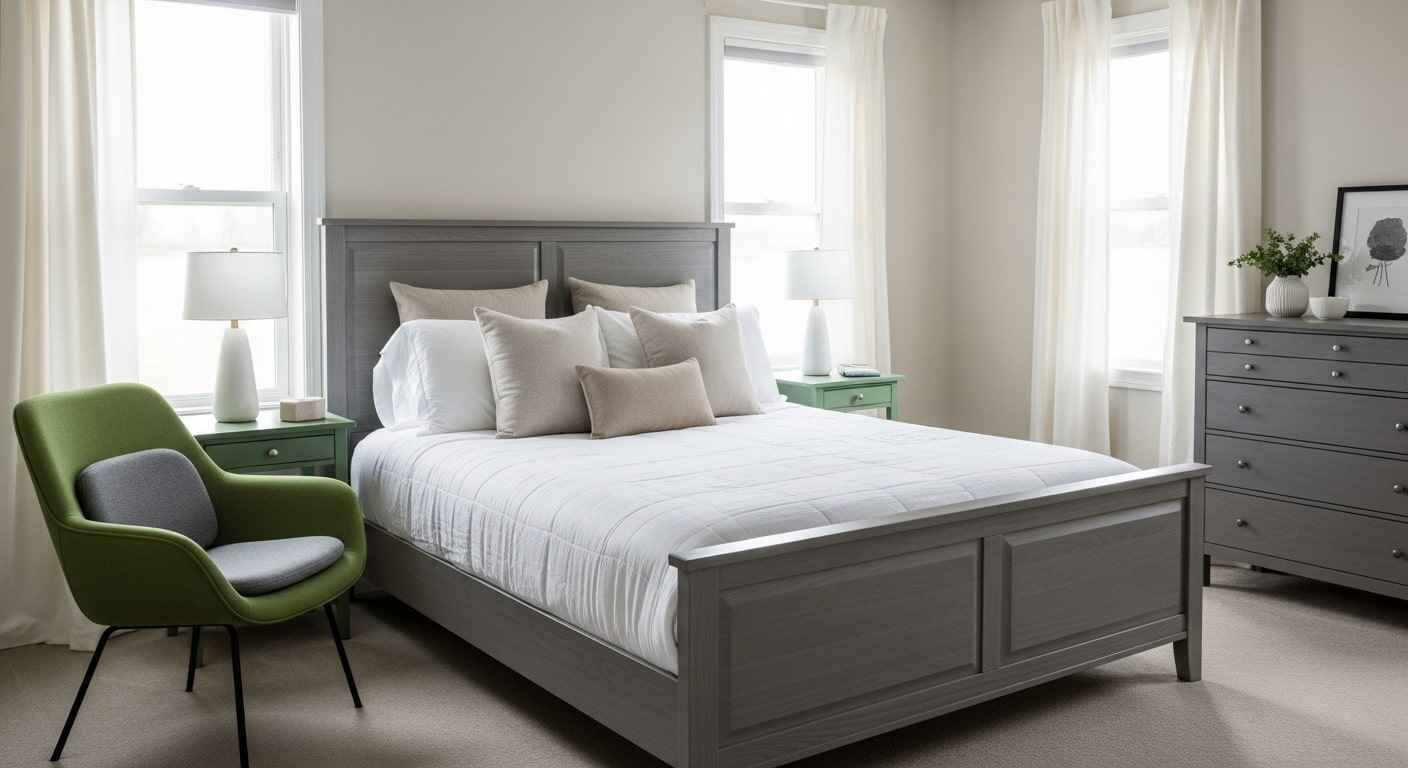 Bedroom furniture set featuring a gray wooden headboard, matching bed frame, green chair with a gray foam seat, white cotton curtains, gray chest of drawers, and green nightstands.