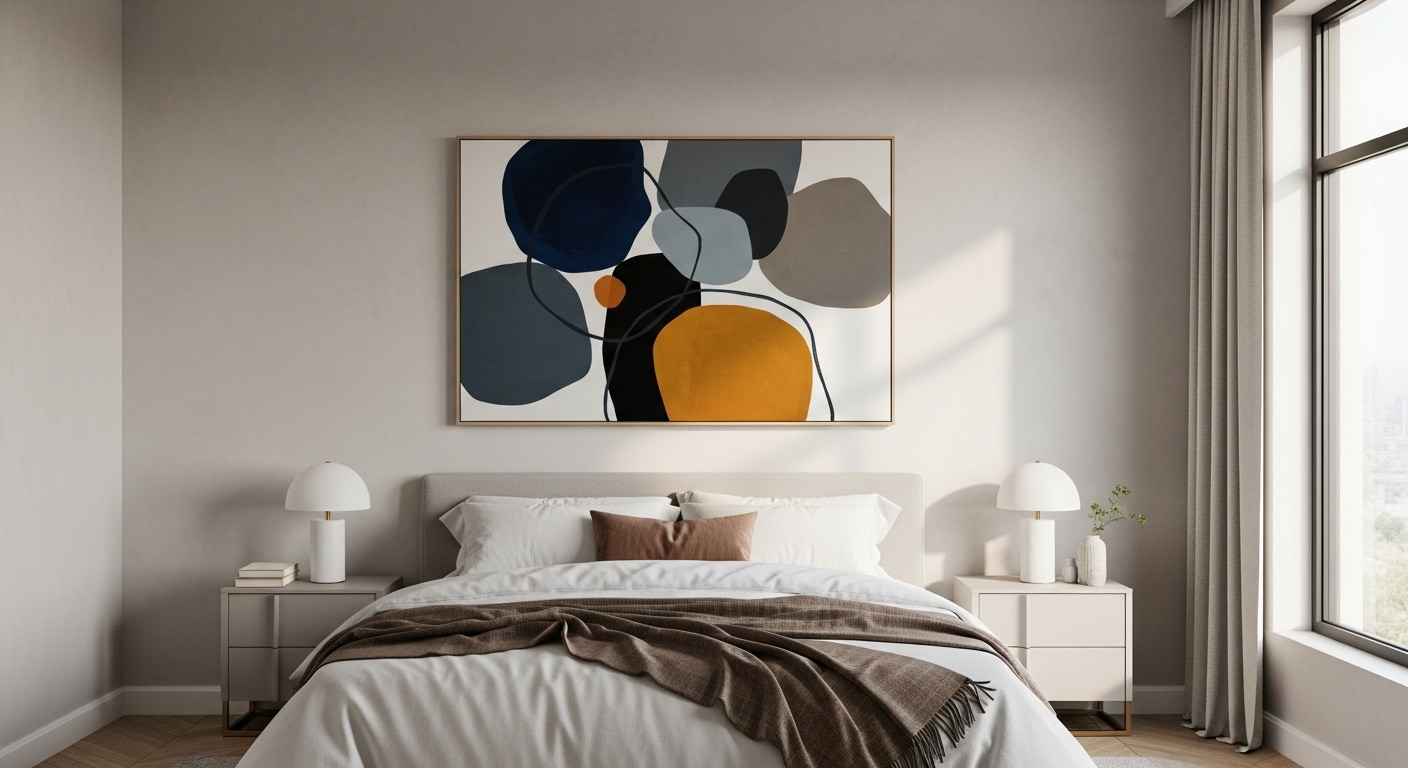 Modern art piece mounted on a neutral bedroom wall serving as a focal design element.