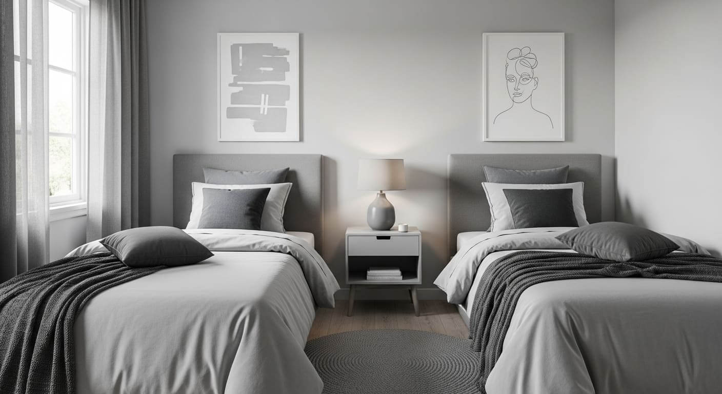 Twin beds with monochrome color scheme for cohesive design