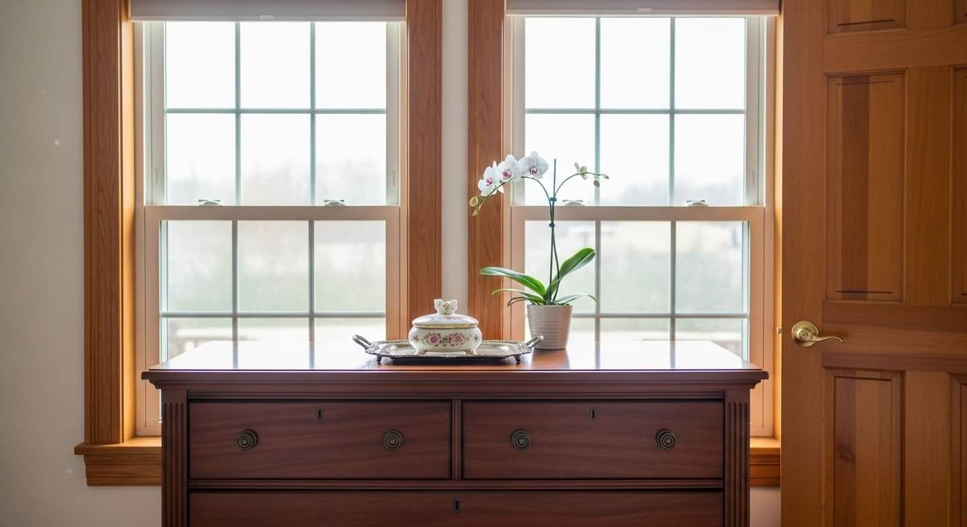 A dresser arranged carefully between windows and doorways without blocking light or pathways.