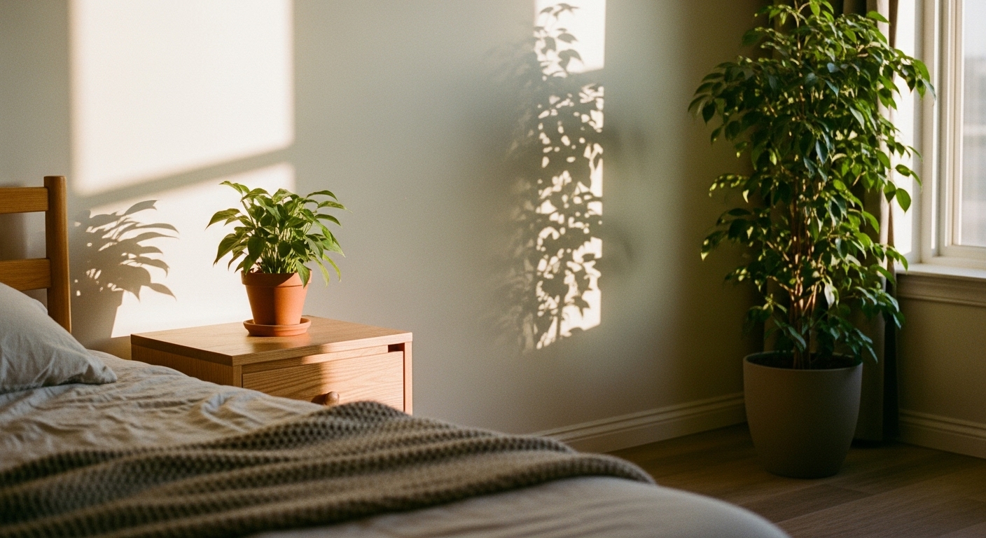 Green potted plants placed on bedside tables and windowsills to add color and freshness to the bedroom.