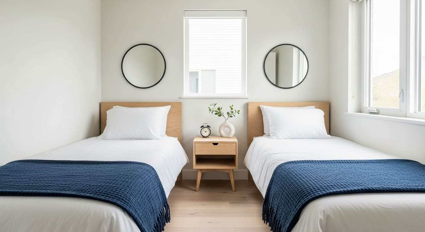 Twin bedroom with minimalist design featuring simple, striking decor