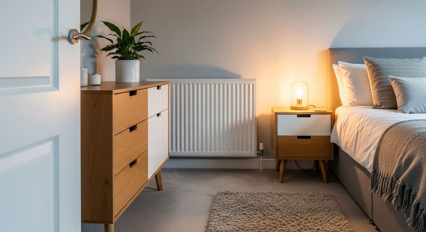 A bedroom dresser with legs positioned near radiator, allowing airflow and functionality.