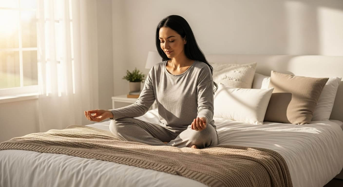 A person sitting peacefully in a clean bedroom with sunlight streaming in.