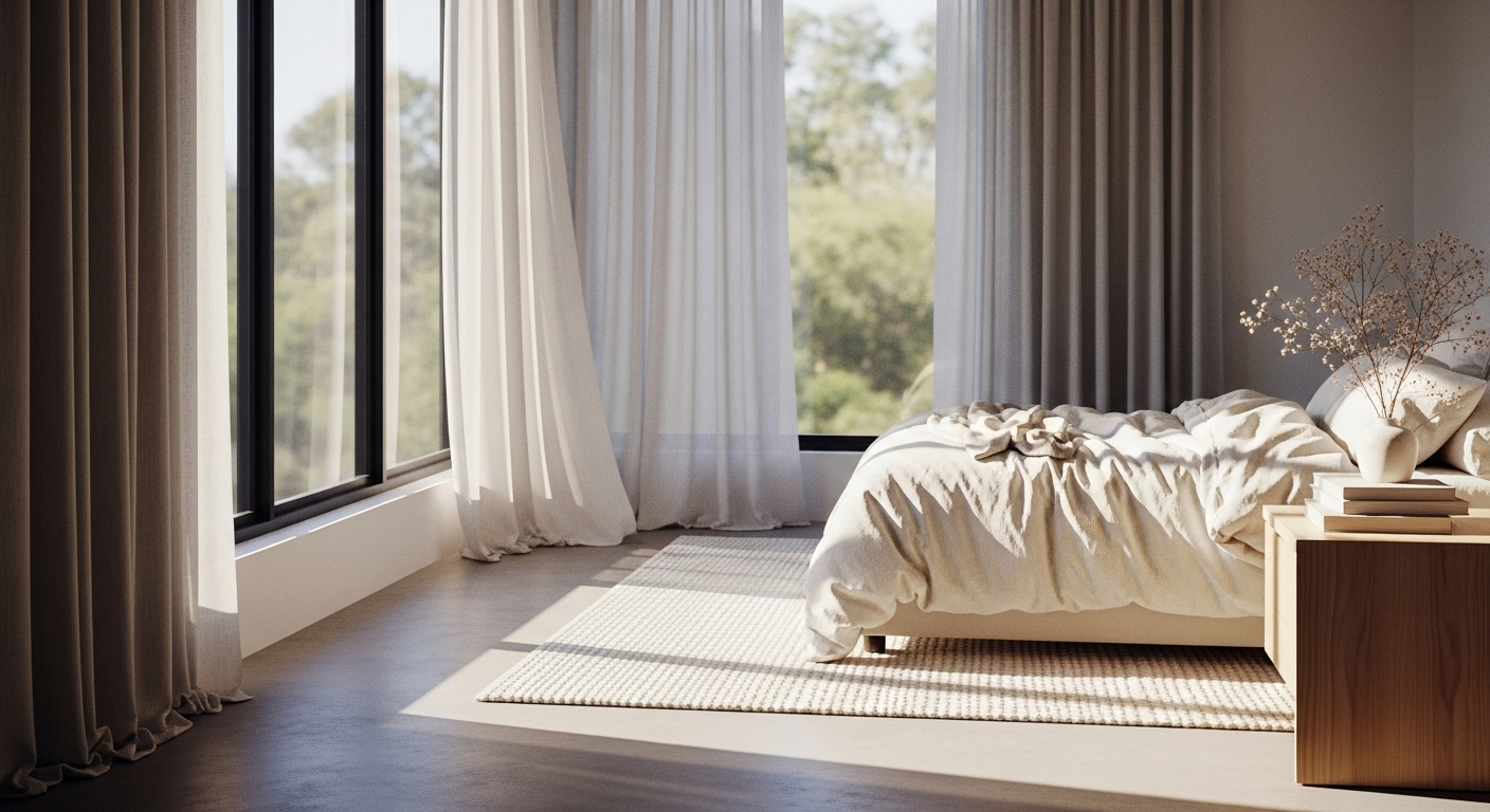 Sunlight pouring into a neutral-colored bedroom making the space feel airy and open.