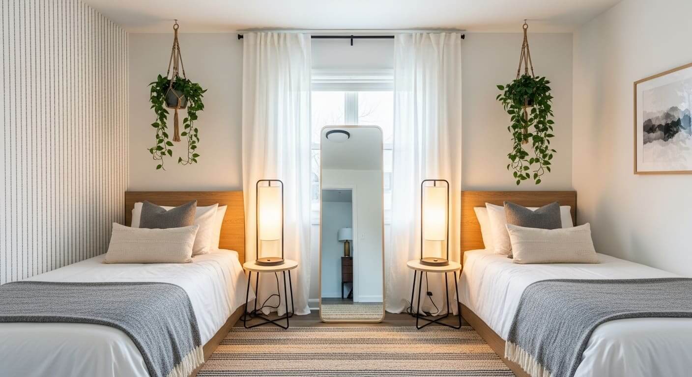 Twin beds with vertical decor elements like tall lamps and hanging plants