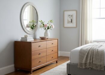 A beautifully styled dresser in a modern, light-filled bedroom, positioned against a wall opposite the bed. The dresser is a focal point, adorned with a decorative mirror, a ceramic vase with fresh flowers, and a stack of books, creating a peaceful and organized atmosphere.