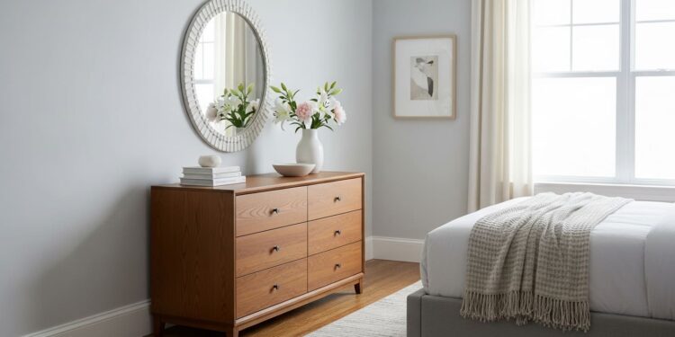 A beautifully styled dresser in a modern, light-filled bedroom, positioned against a wall opposite the bed. The dresser is a focal point, adorned with a decorative mirror, a ceramic vase with fresh flowers, and a stack of books, creating a peaceful and organized atmosphere.