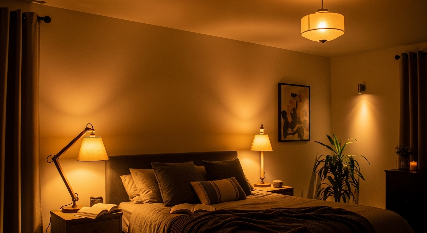 Combination of ambient ceiling lights, task lamps, and accent lighting in a well-lit bedroom interior.
