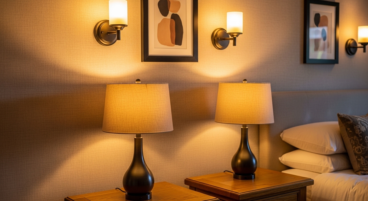 Bedroom lamps emitting warm-toned light that enhances the calming color palette of the room.