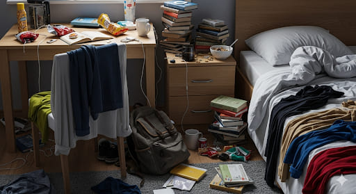 A realistic photograph of a very messy bedroom, featuring scattered clothes, books, and personal items on the floor and furniture, conveying the need for a thorough cleaning.