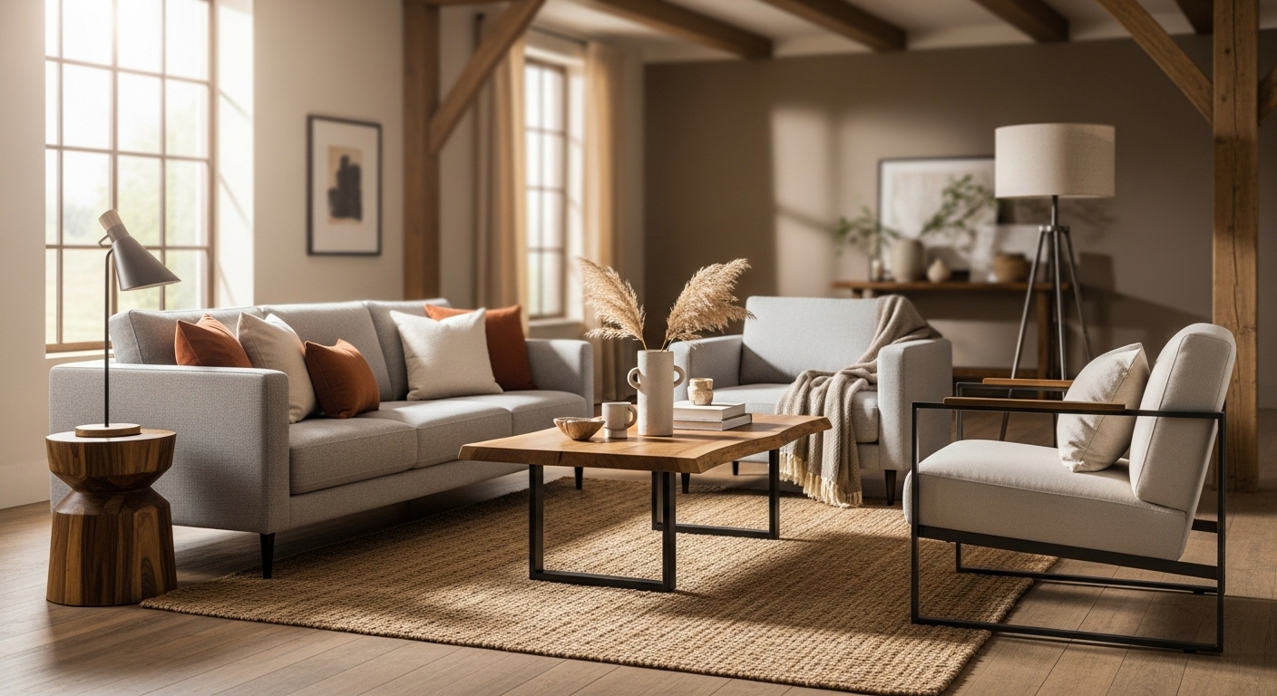 A warm living room featuring a stylish combination of wood, metal, and upholstered furniture pieces