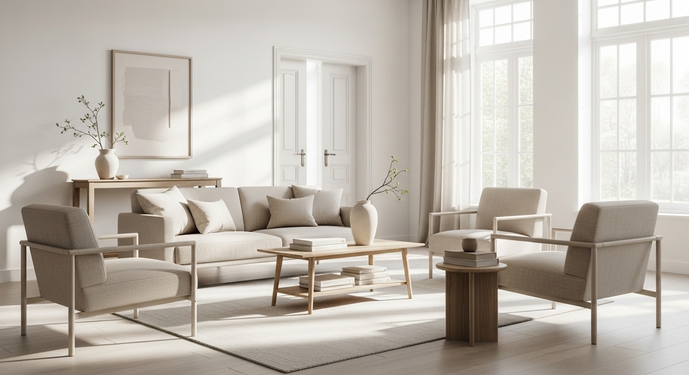 Minimalist styled room showcasing simple-lined furniture in a calm and clutter-free setting