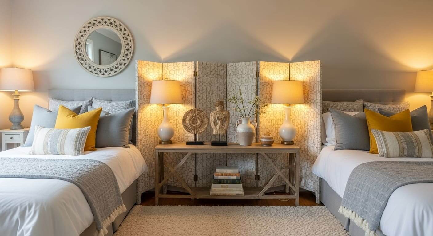 Folding screen used as divider between twin beds for privacy and style