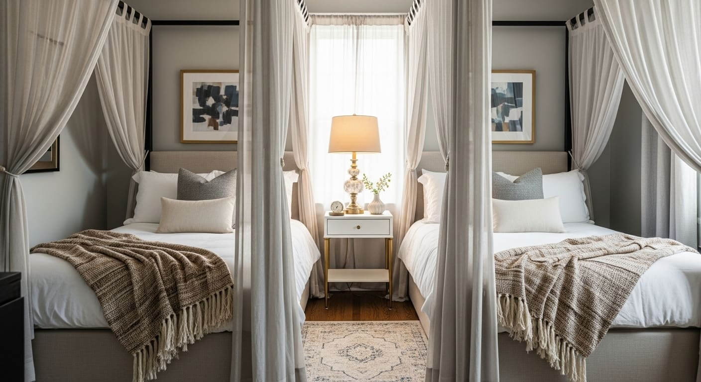 Twin canopy beds with curtains for added privacy in shared room