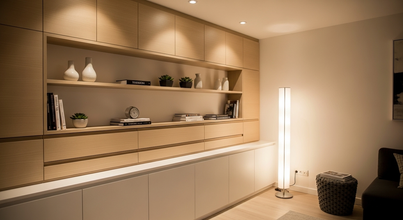 Modern living room featuring clever built-in storage solutions to keep the space tidy
