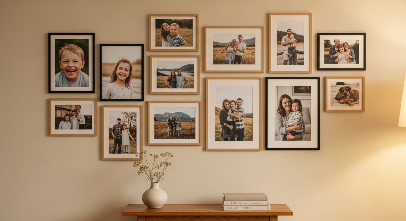 A wall in a calm-toned living room decorated with neatly framed family photographs