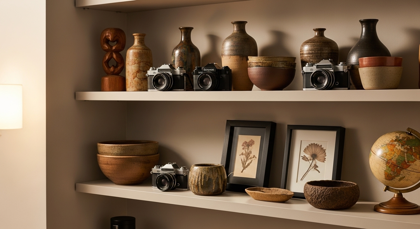 A living room shelf featuring unique and stylish personal collections to add character