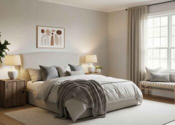 A high-quality realistic photograph of a serene and timeless neutral bedroom featuring soft gray walls, warm beige bedding, and natural wood furniture, creating a cozy and calm retreat.