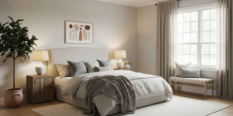 A high-quality realistic photograph of a serene and timeless neutral bedroom featuring soft gray walls, warm beige bedding, and natural wood furniture, creating a cozy and calm retreat.