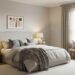A high-quality realistic photograph of a serene and timeless neutral bedroom featuring soft gray walls, warm beige bedding, and natural wood furniture, creating a cozy and calm retreat.
