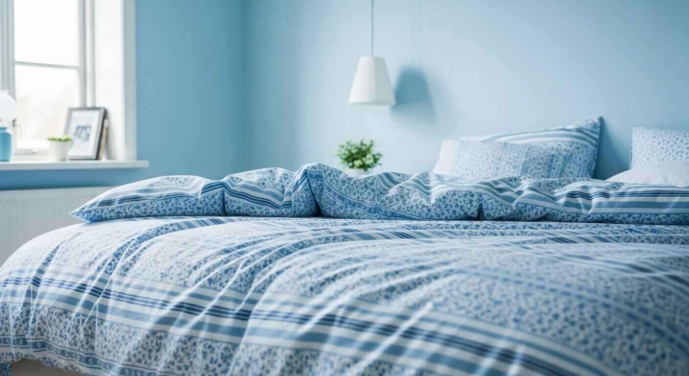 Bedroom decor featuring blue and white patterned bedding with simple geometric and floral designs.