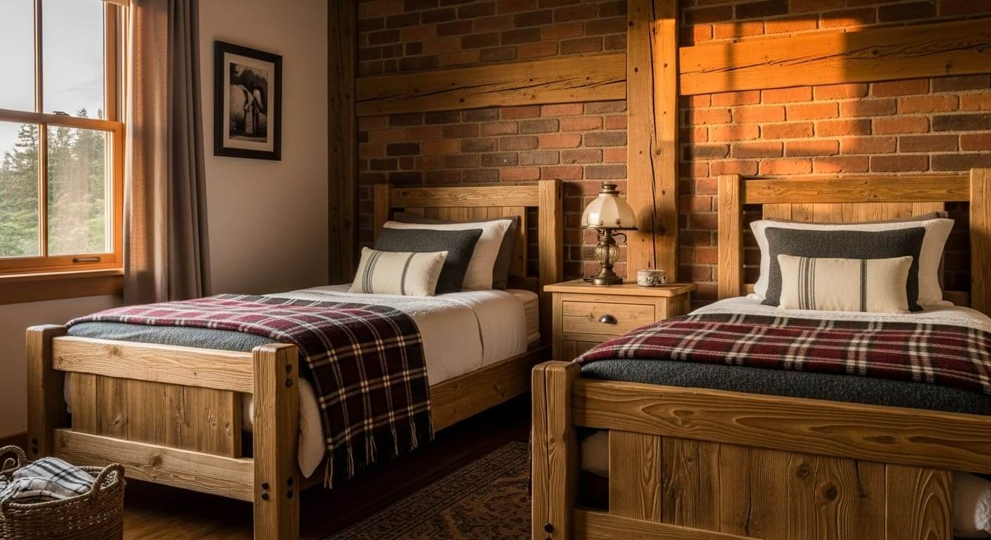 Rustic twin bedroom featuring wooden furniture, exposed brick walls, and natural cottage-inspired elements.