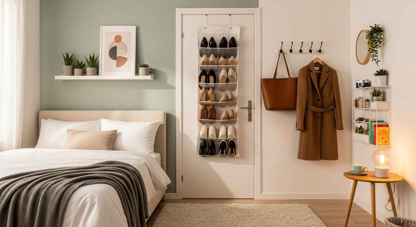 mall bedroom with over-the-door shoe organizer, hooks on the back of the door, and wall-mounted organizer for accessories.