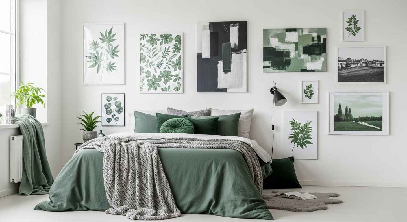 Modern green and gray bedroom featuring botanical prints, abstract paintings, and black-and-white photography with green backgrounds.
