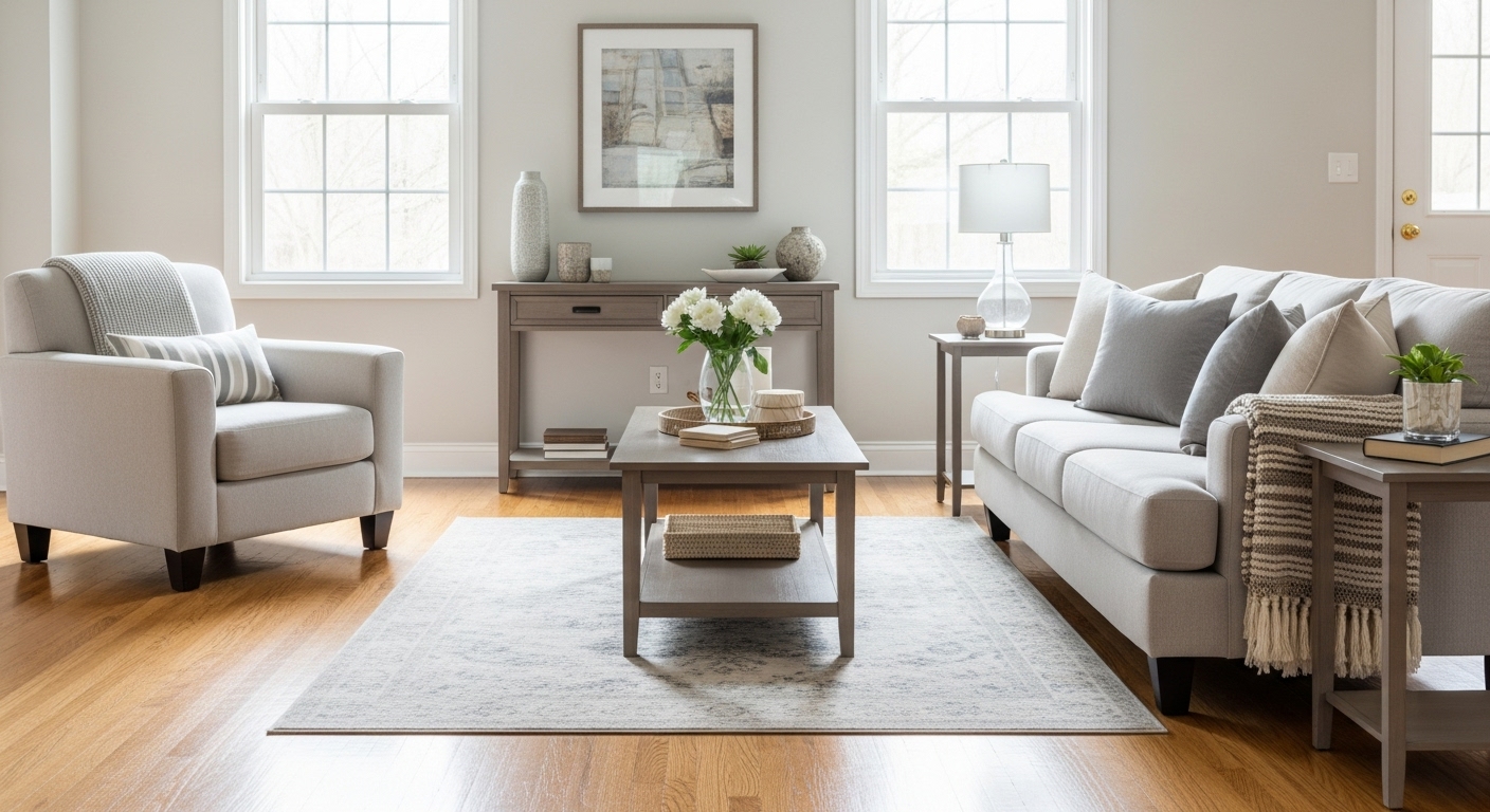 A bright and clean living room with spotless surfaces and a neutral color palette