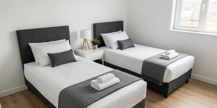 A high-quality, realistic photo of a modern twin bedroom featuring two parallel twin beds with dark grey headboards and minimalist bedding, separated by a nightstand. The room has white walls and a light wood floor, reflecting a clean and organized aesthetic for shared living spaces.