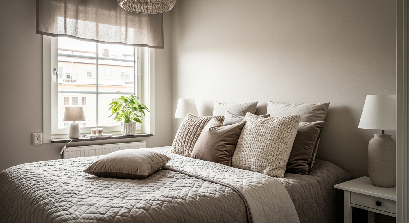 Cozy neutral bedroom with textured bedding, including layered quilts and throw pillows in a modern minimal setting