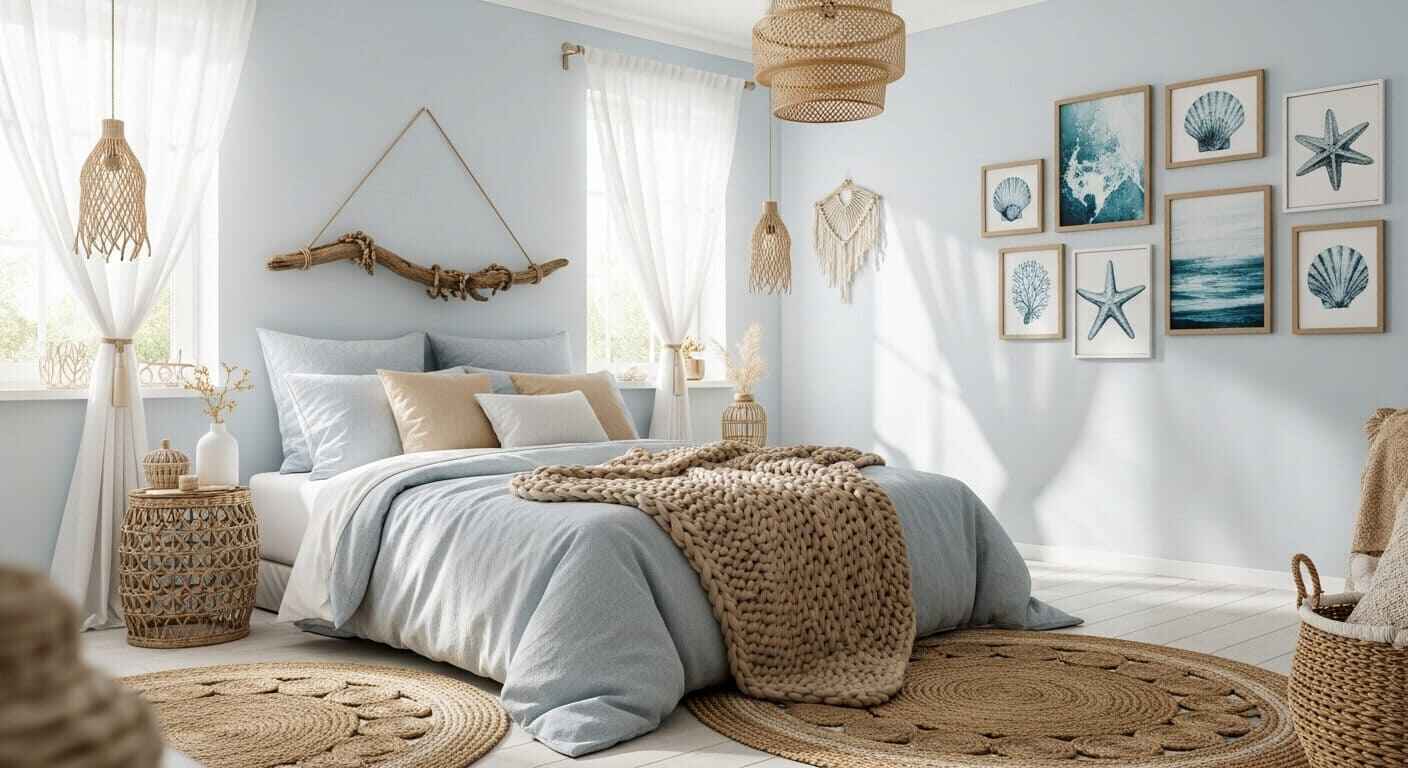 Coastal bedroom with light blue walls, sandy beige accents, and natural beach-inspired decor.