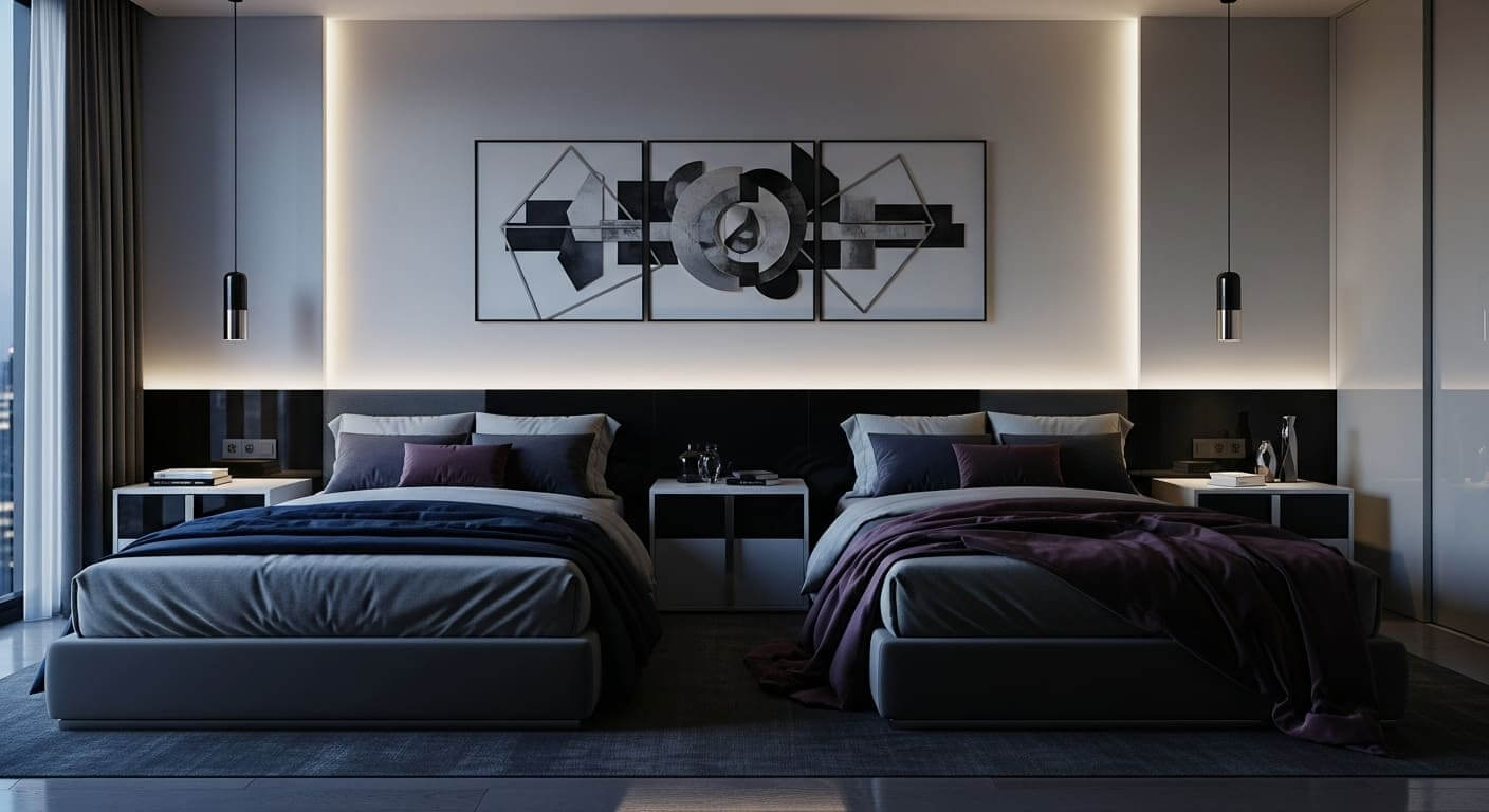 Modern twin bedroom with sleek furniture, deep color accents, and minimalist urban design.