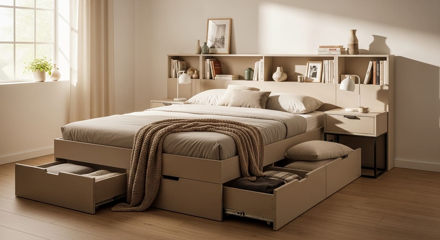 Modern bedroom with under-bed storage, bedside tables with drawers, and a headboard with built-in storage for a clutter-free look