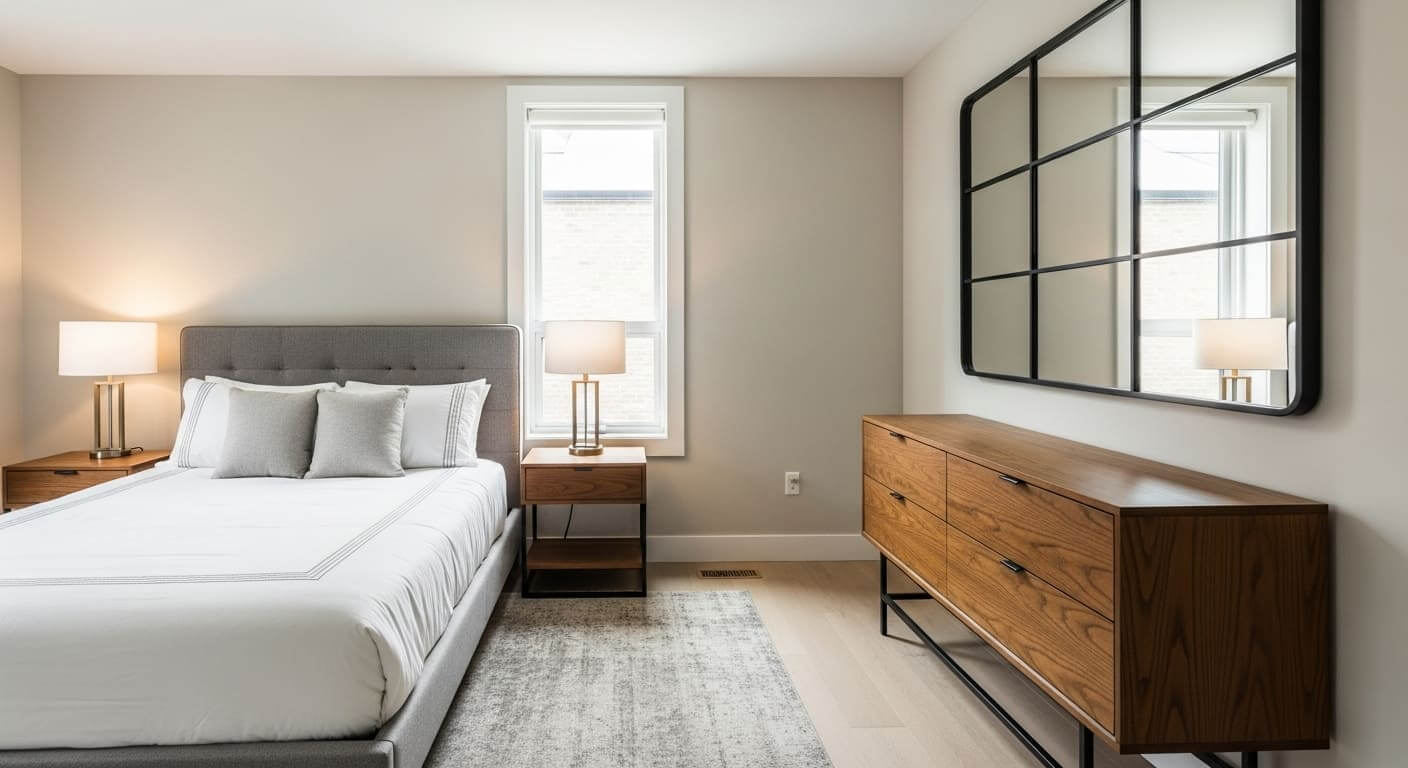 A dresser placed directly opposite the bed to create balance and easy access in a bedroom.