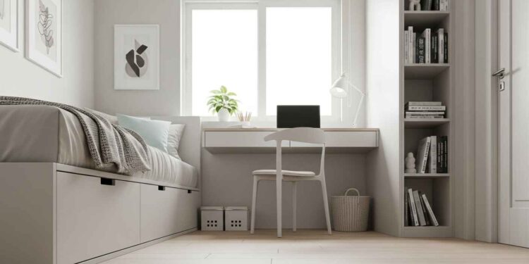 A beautifully organized small bedroom showcasing clever storage solutions, including a bed with built-in drawers, floating shelves, and a narrow vertical bookshelf to maximize space.